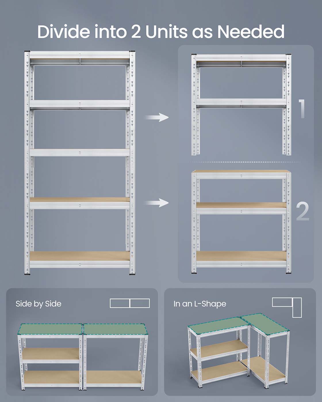 Heavy Duty Metal Storage Shelf – Steel – Silver – Adjustable Shelves, Supports up to 875 kg