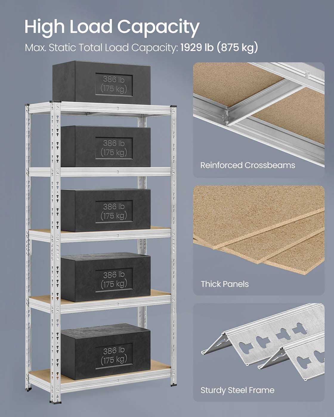 Heavy Duty Metal Storage Shelf – Steel – Silver – Adjustable Shelves, Supports up to 875 kg