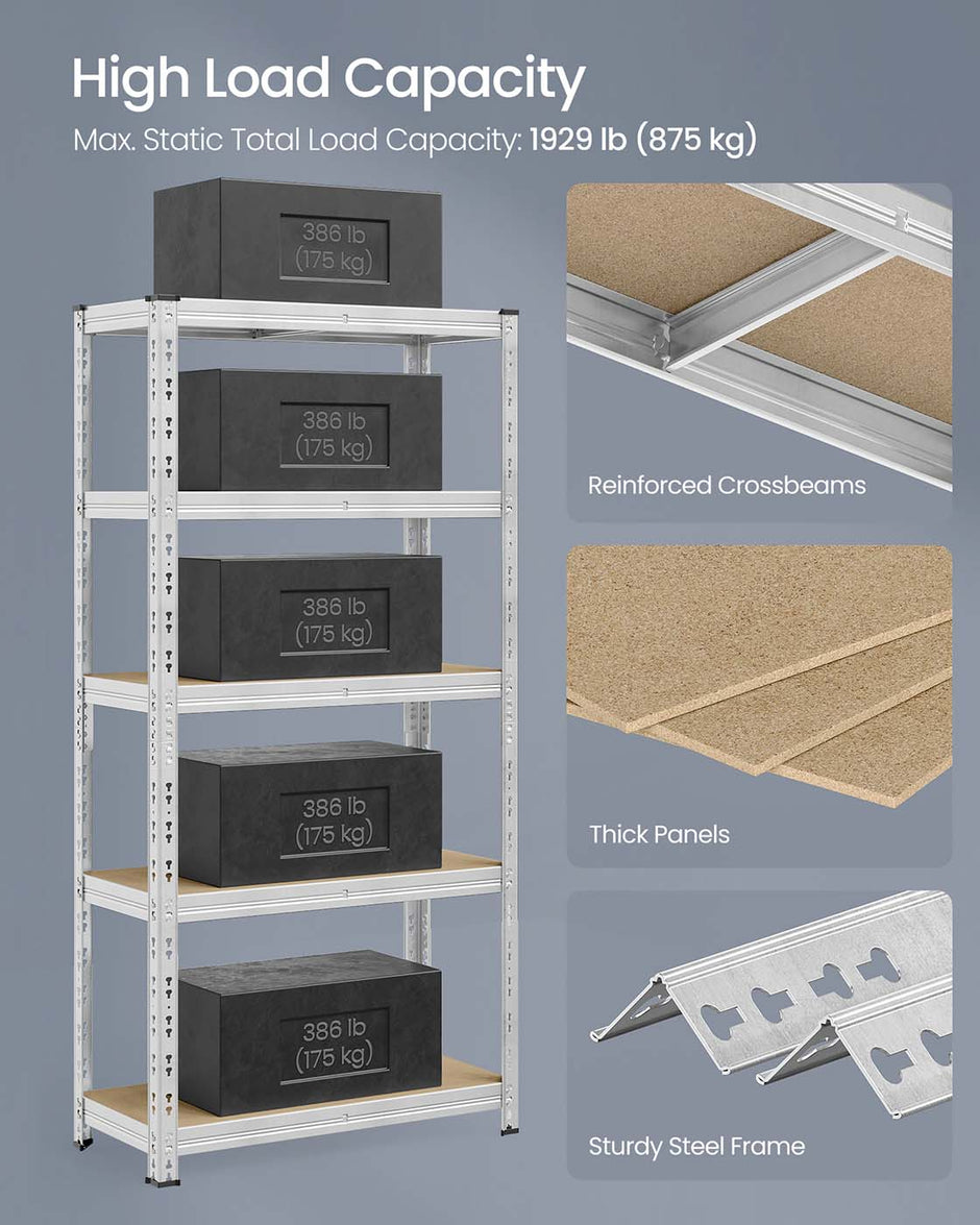 Heavy Duty Metal Storage Shelf – Steel – Silver – Adjustable Shelves, Supports up to 875 kg