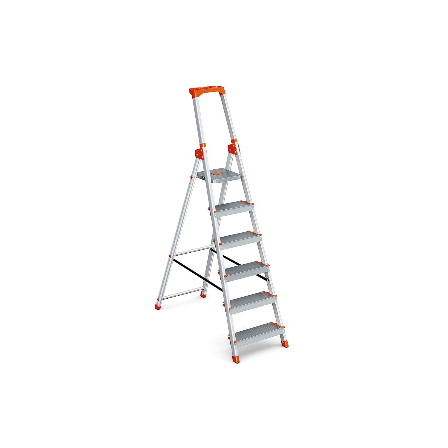 6-Step Aluminium Ladder – Silver and Orange – 12 cm Wide Steps with Tool Tray and Anti-Slip Feet