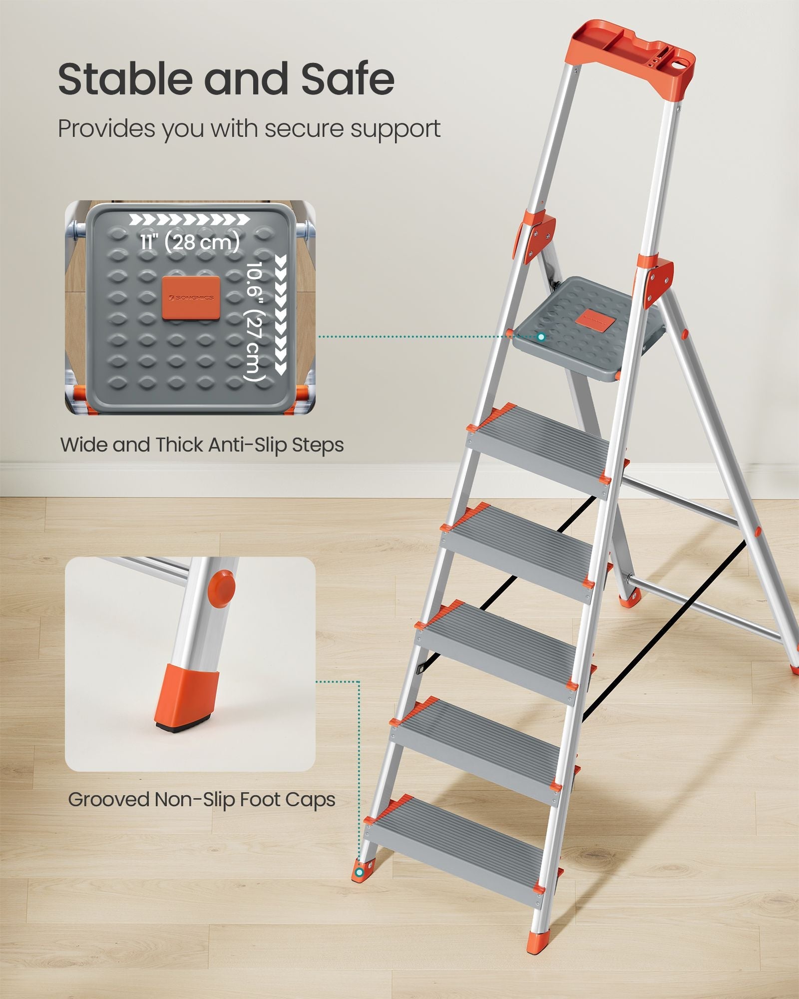 6-Step Aluminium Ladder – Silver and Orange – 12 cm Wide Steps with Tool Tray and Anti-Slip Feet