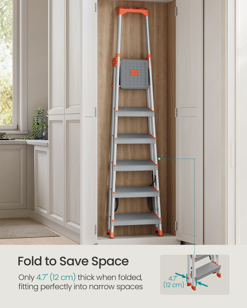 6-Step Aluminium Ladder – Silver and Orange – 12 cm Wide Steps with Tool Tray and Anti-Slip Feet