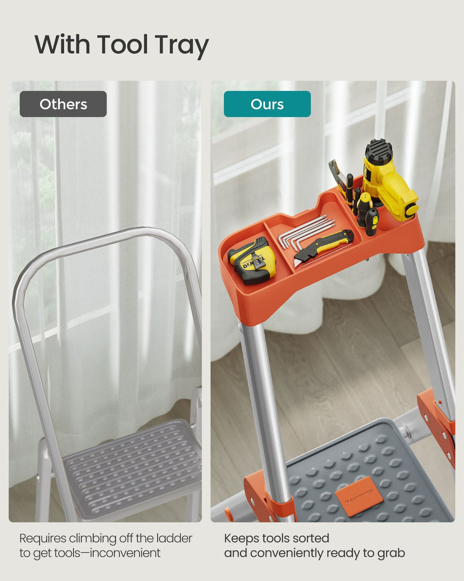 6-Step Aluminium Ladder – Silver and Orange – 12 cm Wide Steps with Tool Tray and Anti-Slip Feet