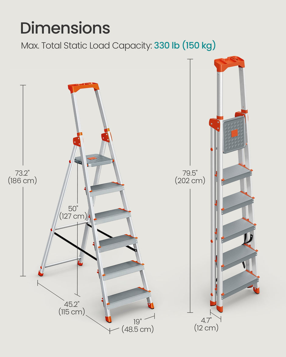 6-Step Aluminium Ladder – Silver and Orange – 12 cm Wide Steps with Tool Tray and Anti-Slip Feet