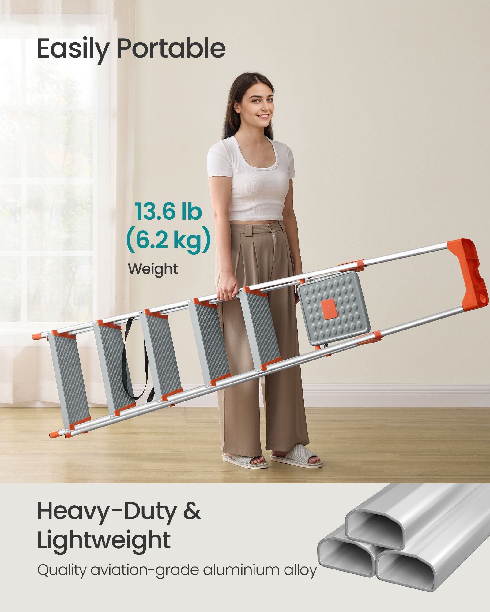 6-Step Aluminium Ladder – Silver and Orange – 12 cm Wide Steps with Tool Tray and Anti-Slip Feet