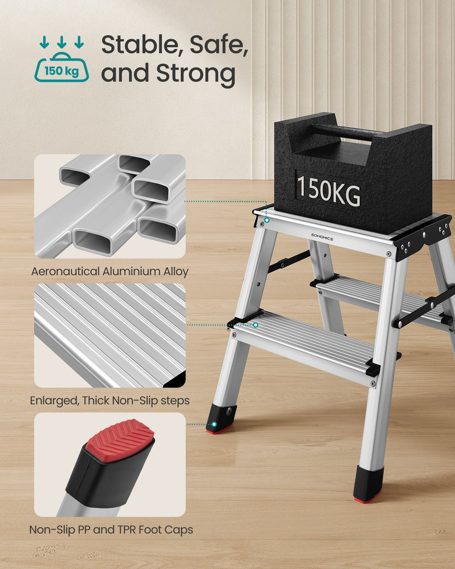 2-Step Folding Aluminium Ladder – Silver Grey and Ink Black – Lightweight Multi-Purpose Design