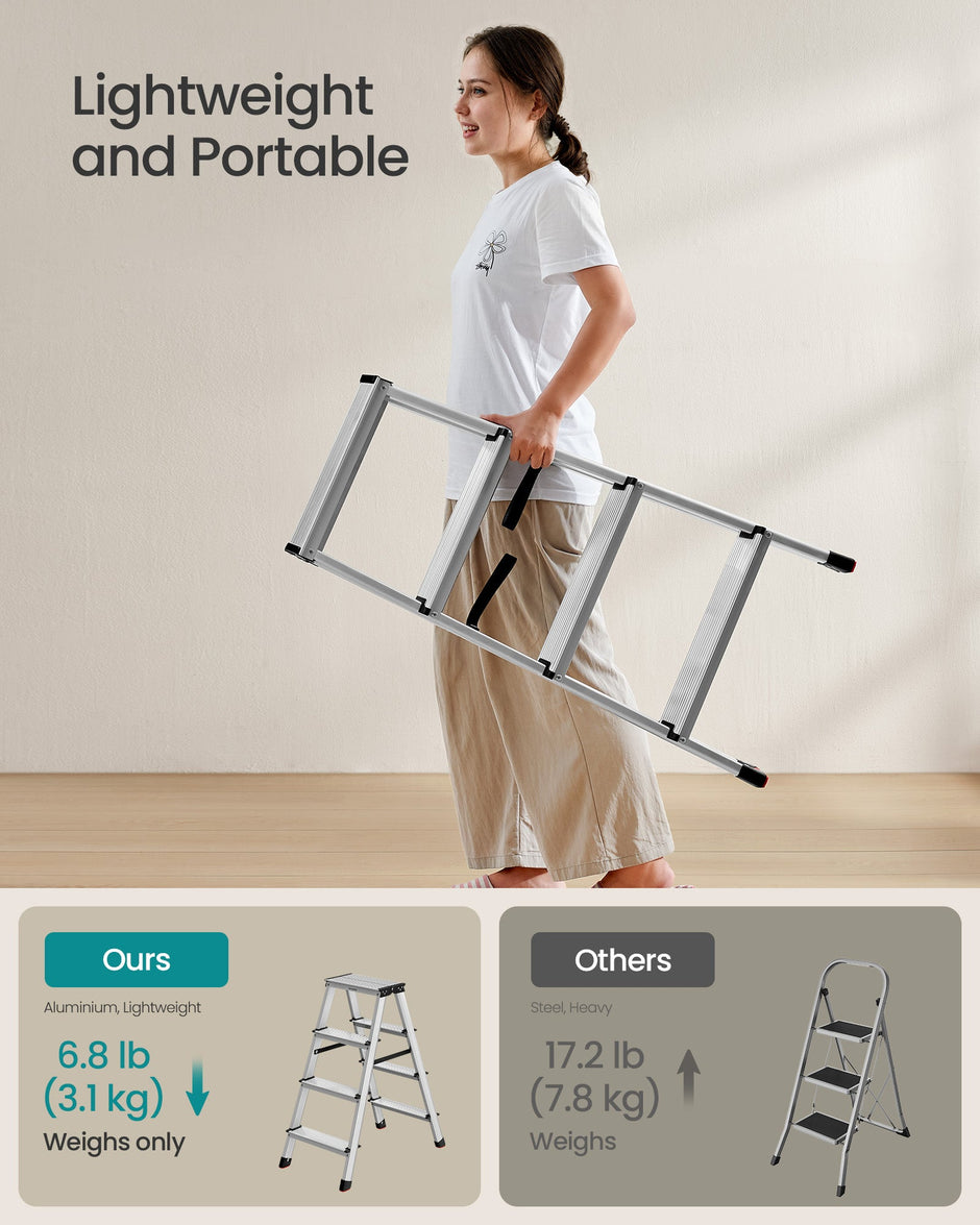 Aluminium Ladder – Lightweight – Silver – Folding Design with 4 Non-Slip Steps