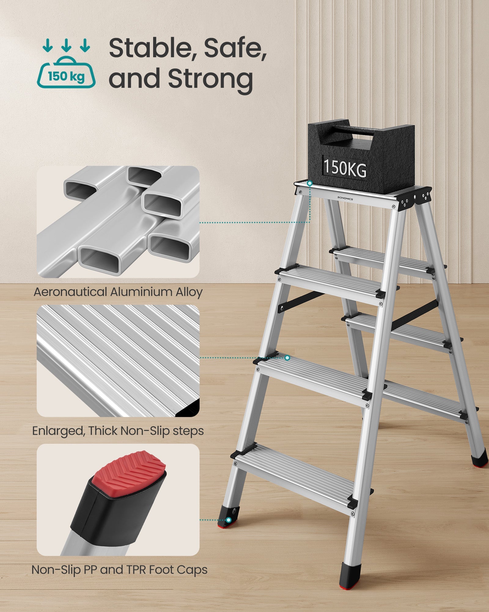 Aluminium Ladder – Lightweight – Silver – Folding Design with 4 Non-Slip Steps