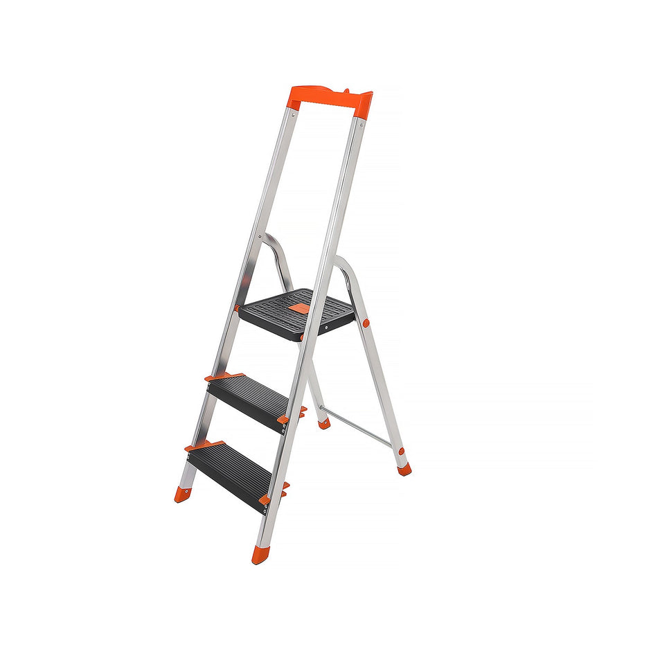 Folding Ladder – Aluminium – Black – 3 Steps with Wide Anti-Slip 12 cm Steps and Tool Tray