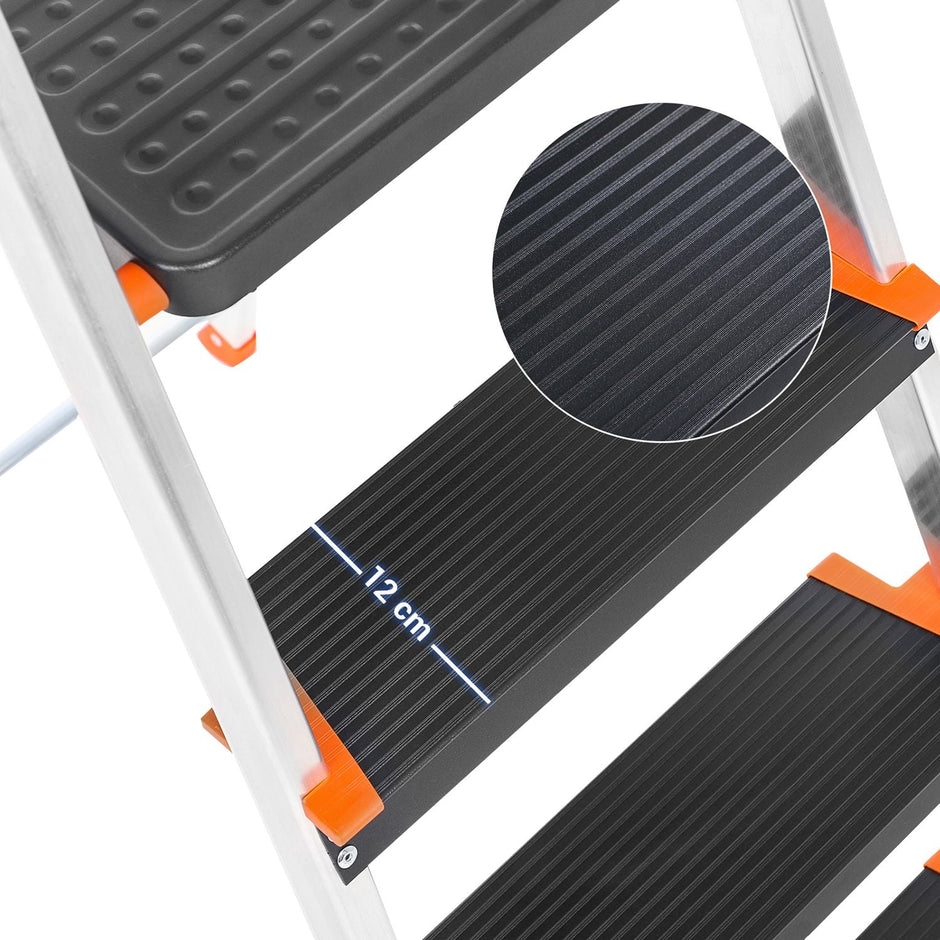 Folding Ladder – Aluminium – Black – 3 Steps with Wide Anti-Slip 12 cm Steps and Tool Tray