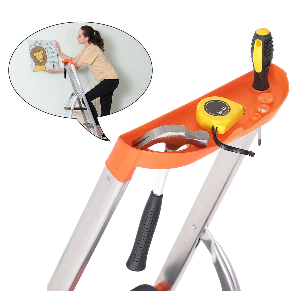 Folding Ladder – Aluminium – Black – 3 Steps with Wide Anti-Slip 12 cm Steps and Tool Tray