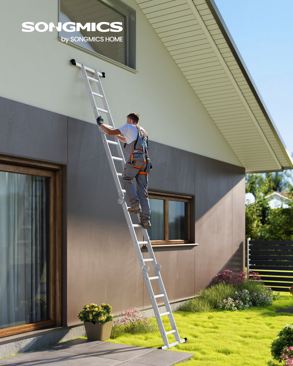 Multi-Purpose Folding Ladder – Aluminum – Silver – 16 Steps, 430 cm Long, Supports up to 150 kg