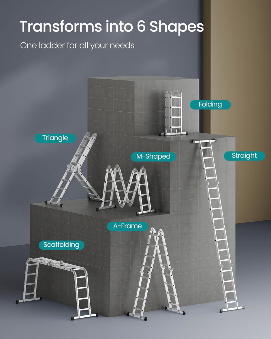 Multi-Purpose Folding Ladder – Aluminum – Silver – 16 Steps, 430 cm Long, Supports up to 150 kg