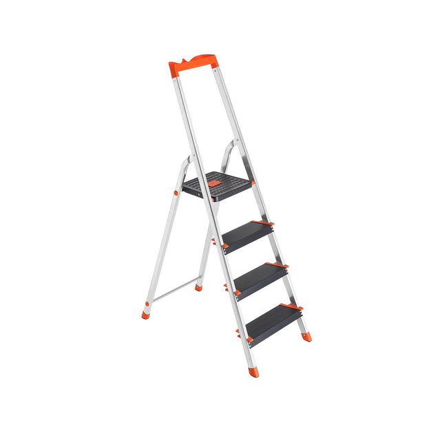Folding Ladder – Aluminium – Black – 4-Step Design with Tool Tray and Anti-Slip Feet