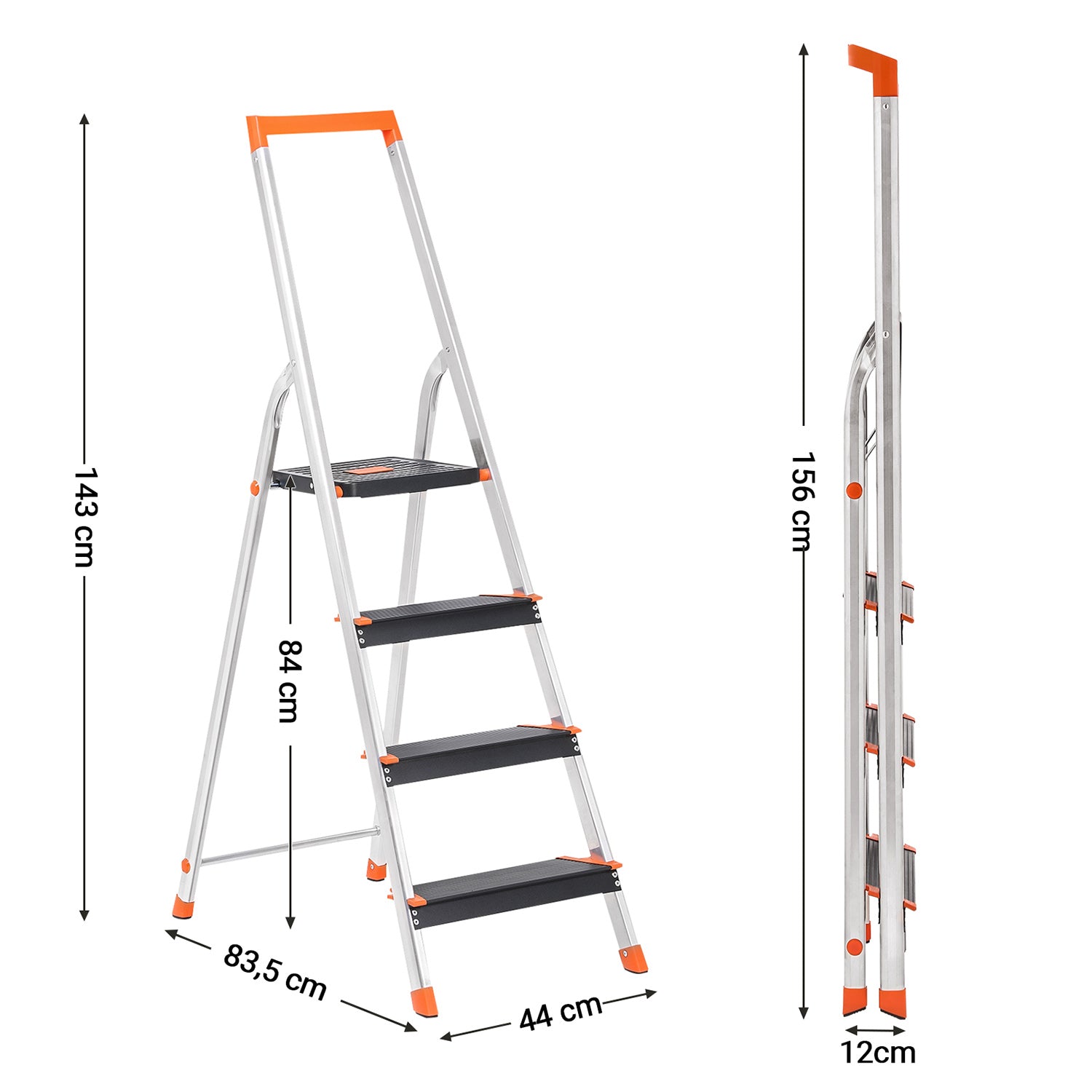 Folding Ladder – Aluminium – Black – 4-Step Design with Tool Tray and Anti-Slip Feet