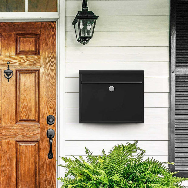 Wall-Mounted Letterbox – Metal – Black – Front Slot with Copper Lock
