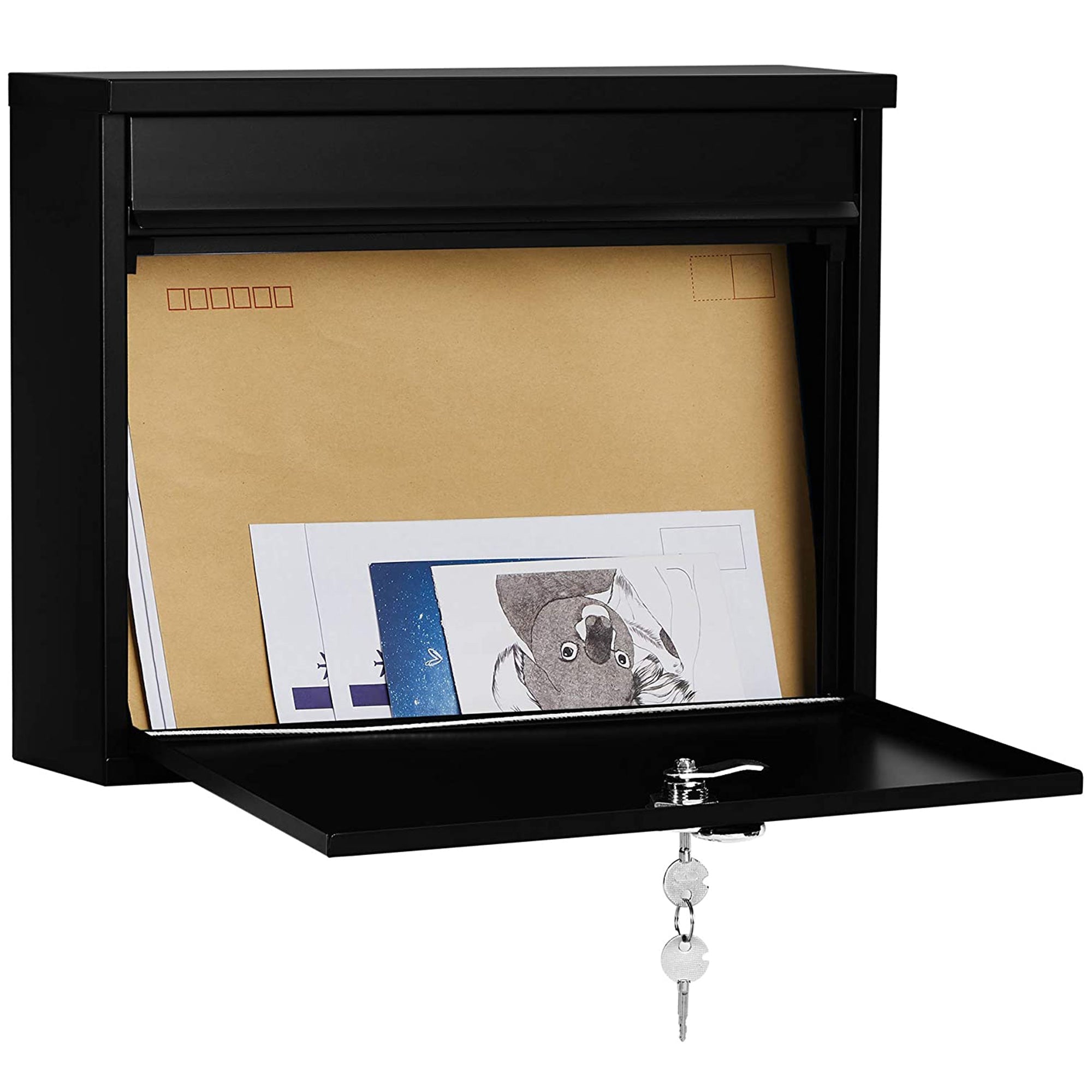 Wall-Mounted Letterbox – Metal – Black – Front Slot with Copper Lock