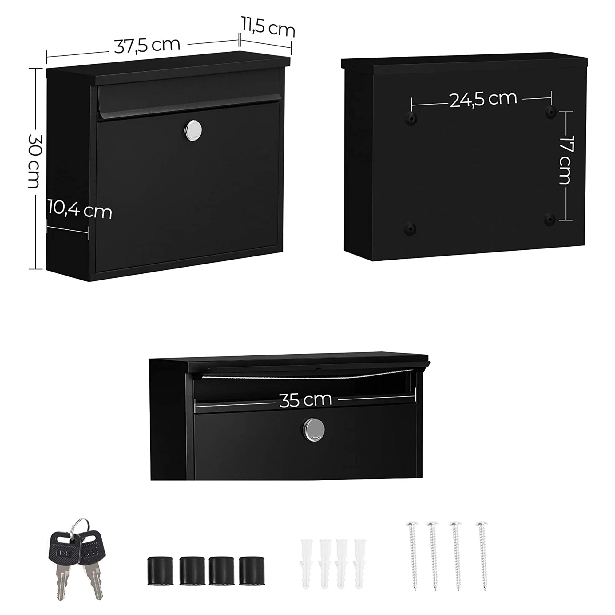 Wall-Mounted Letterbox – Metal – Black – Front Slot with Copper Lock