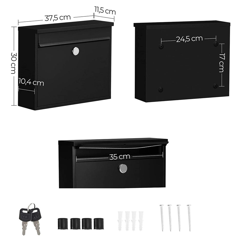 Wall-Mounted Letterbox – Metal – Black – Front Slot with Copper Lock