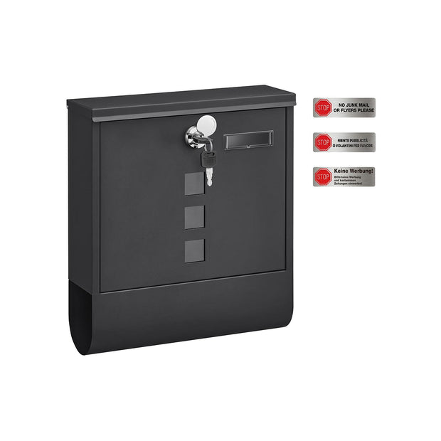 Wall-Mounted Mailbox – Metal – Black – Lockable Design with Newspaper Holder and Viewing Windows