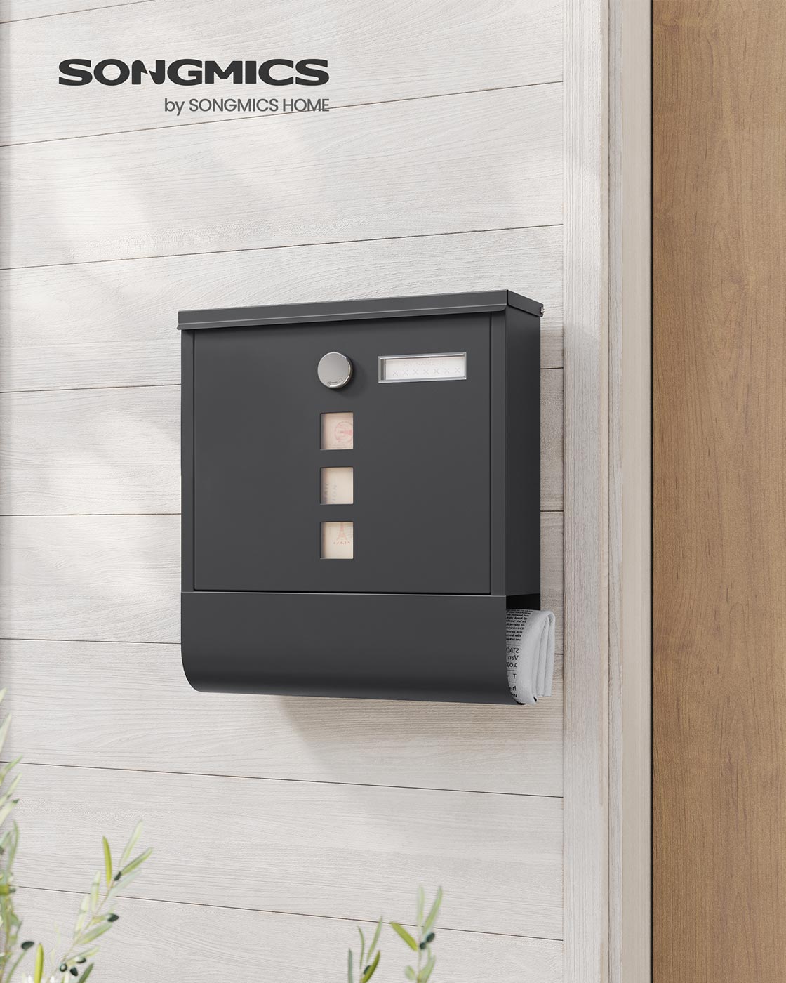 Wall-Mounted Mailbox – Metal – Black – Lockable Design with Newspaper Holder and Viewing Windows