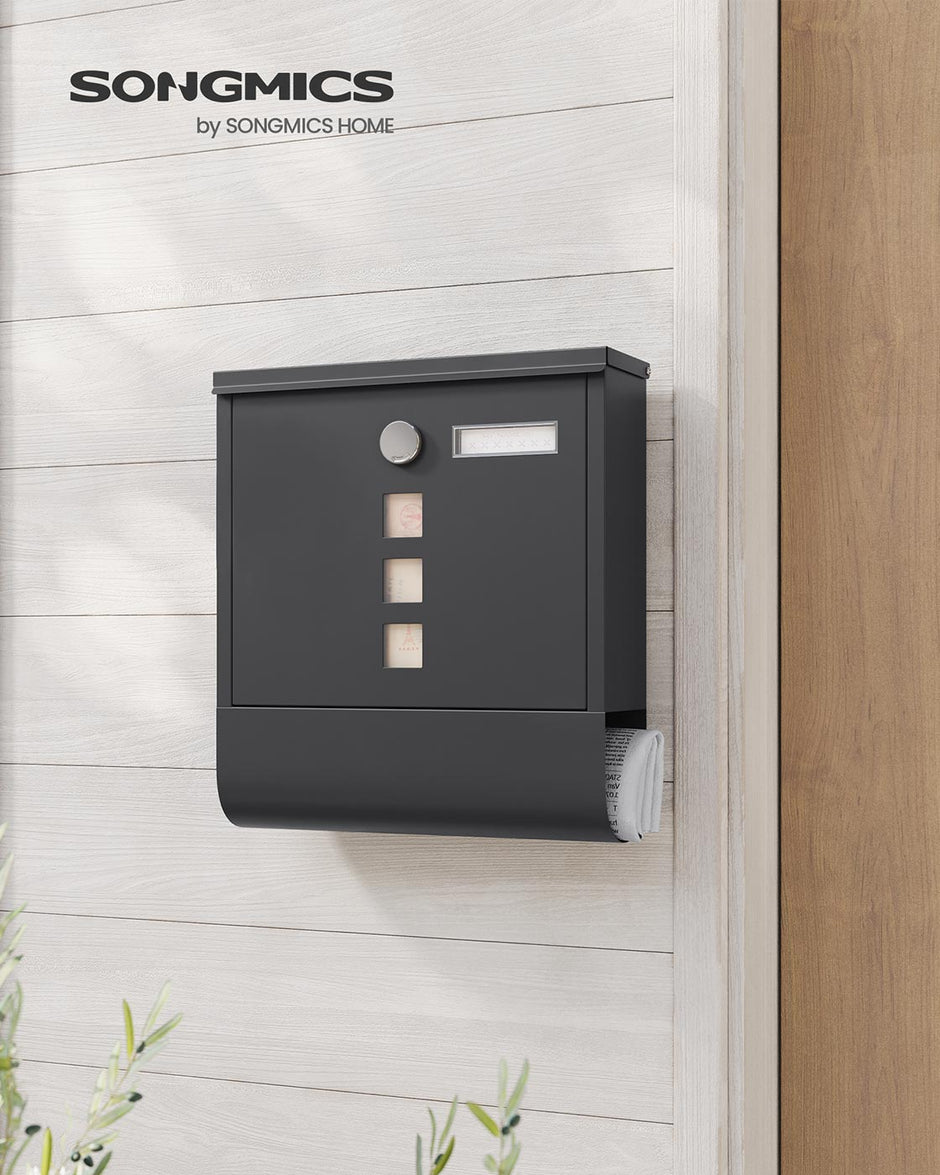 Wall-Mounted Mailbox – Metal – Black – Lockable Design with Newspaper Holder and Viewing Windows