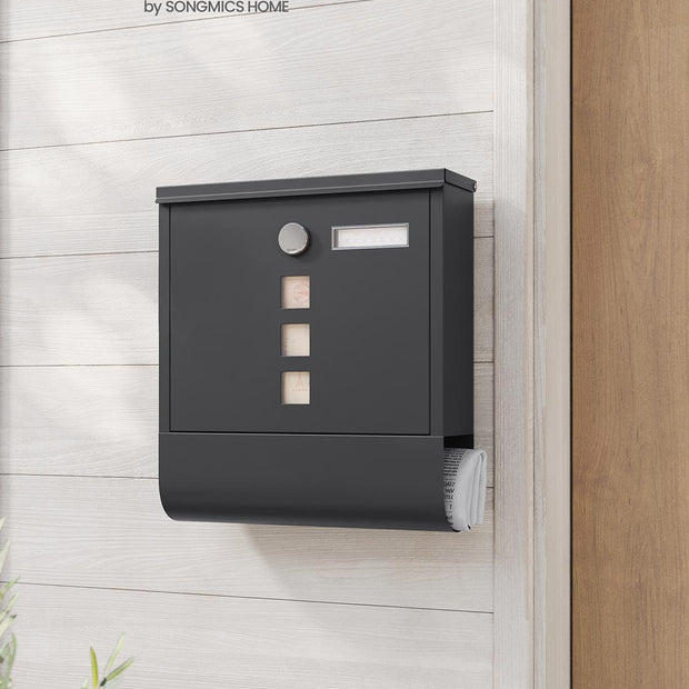 Wall-Mounted Mailbox – Metal – Black – Lockable Design with Newspaper Holder and Viewing Windows
