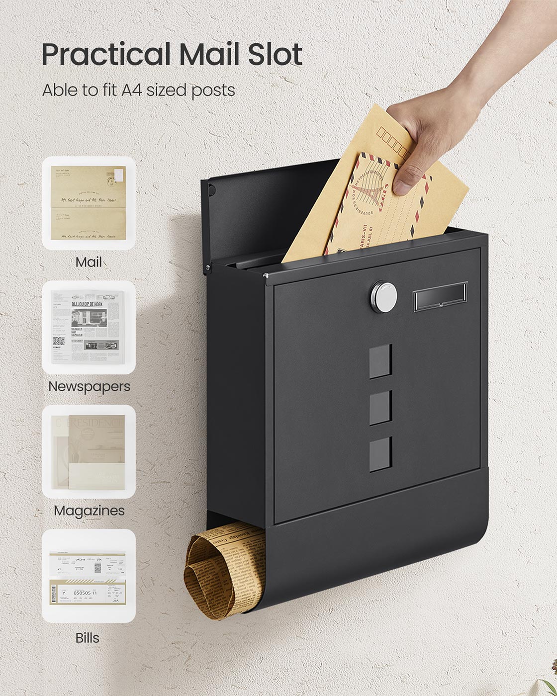 Wall-Mounted Mailbox – Metal – Black – Lockable Design with Newspaper Holder and Viewing Windows