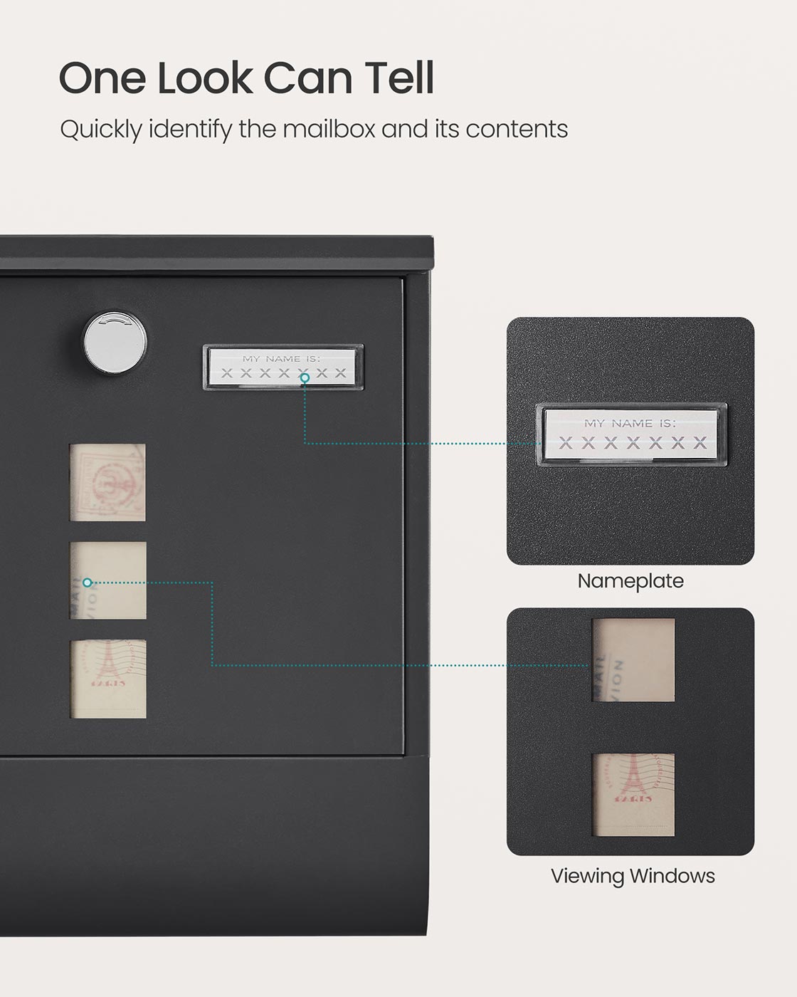Wall-Mounted Mailbox – Metal – Black – Lockable Design with Newspaper Holder and Viewing Windows