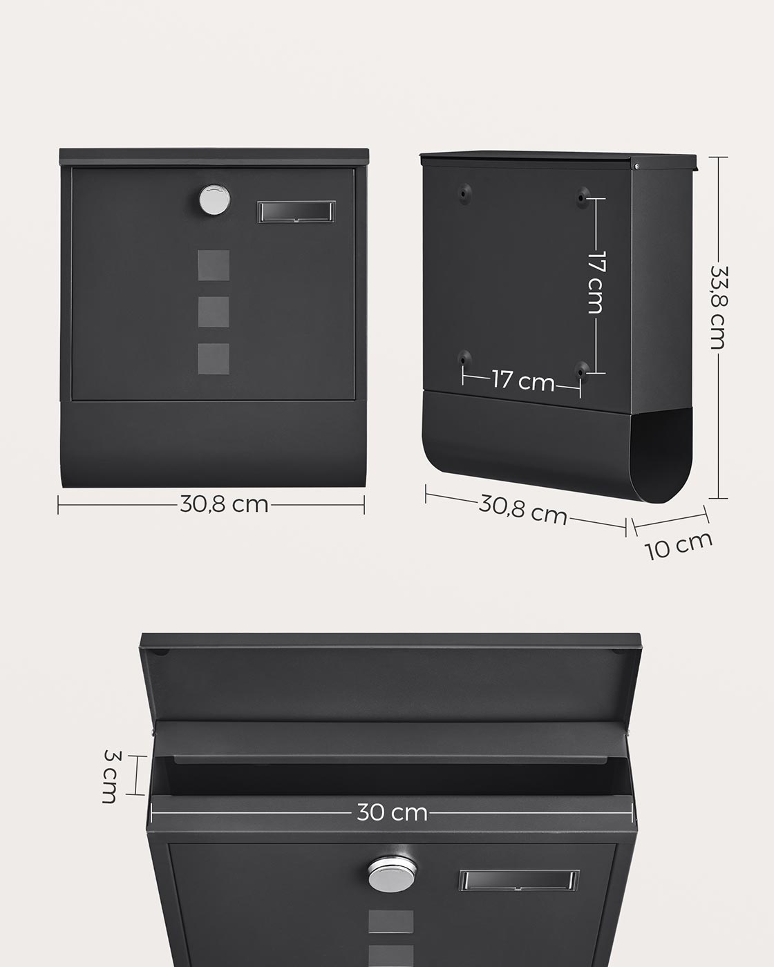 Wall-Mounted Mailbox – Metal – Black – Lockable Design with Newspaper Holder and Viewing Windows