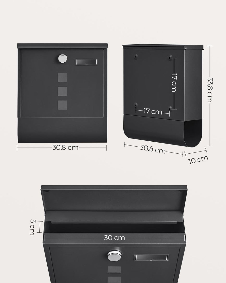 Wall-Mounted Mailbox – Metal – Black – Lockable Design with Newspaper Holder and Viewing Windows