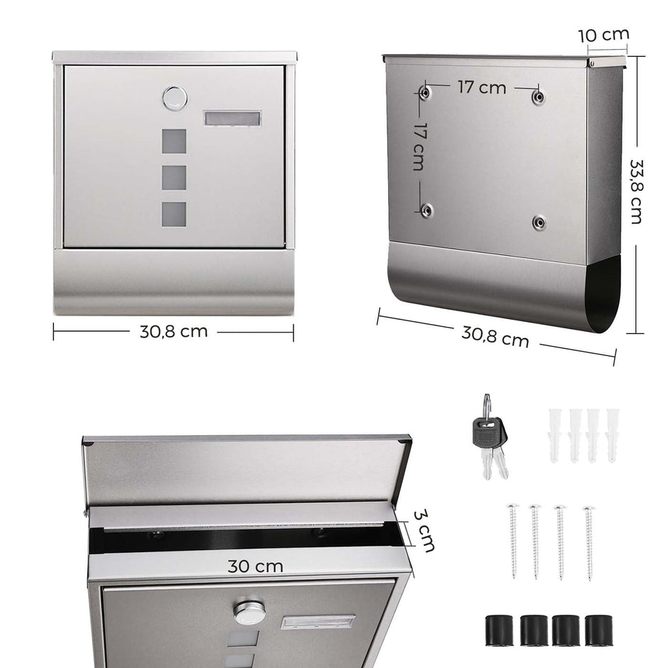 Wall-Mounted Mailbox – Stainless Steel – Black – Lockable with Newspaper Holder and Viewing Windows