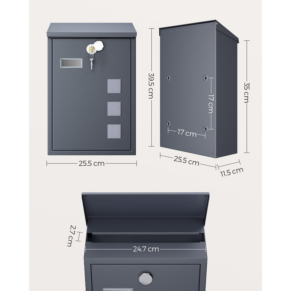Wall Mounted Mailbox – Metal – Black – Copper Core with Swivel Cap and Viewing Windows