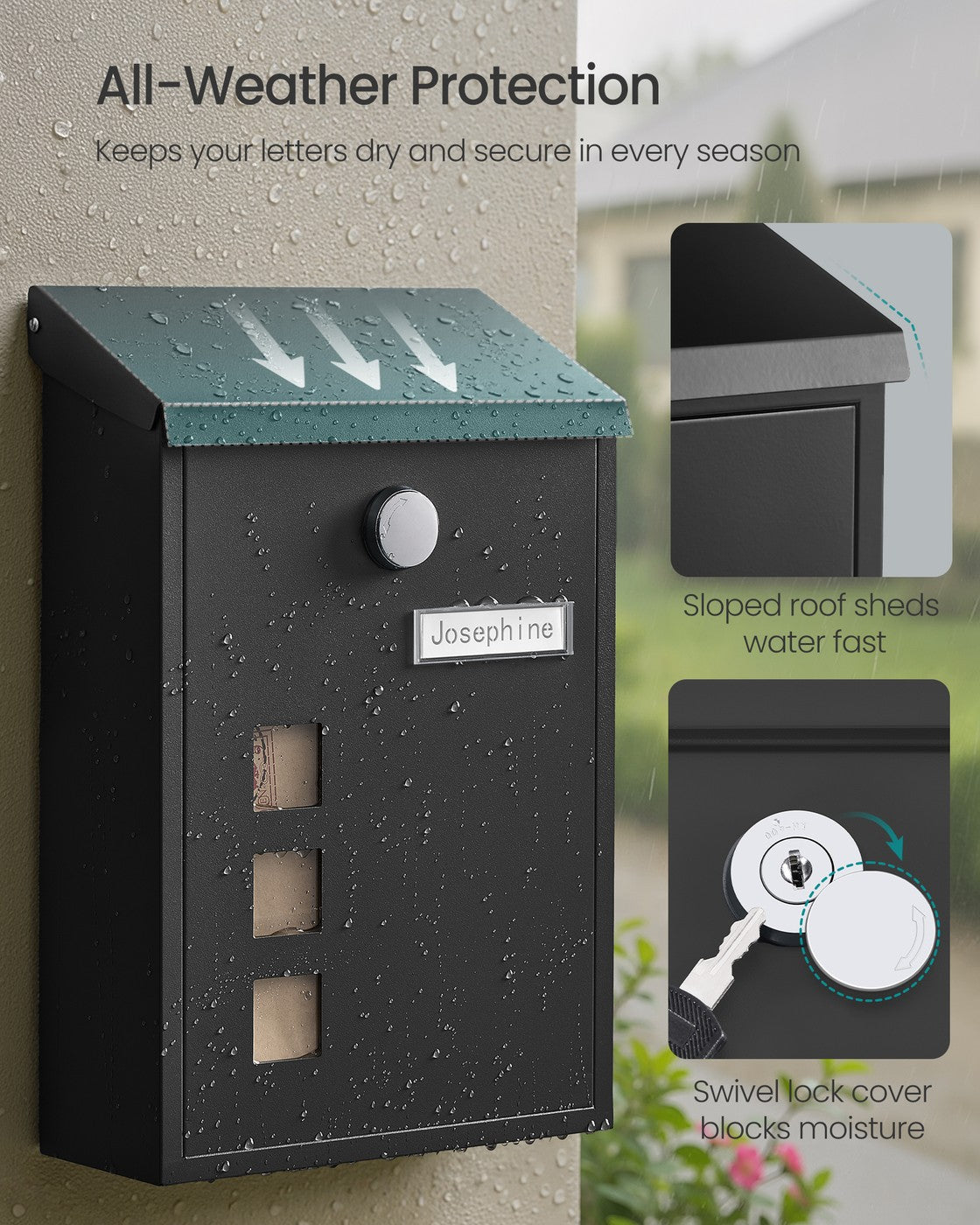Wall-Mounted Mailbox – Copper Core – Black – Swivel Cap and Viewing Windows