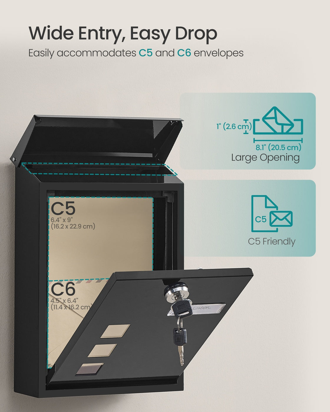 Wall-Mounted Mailbox – Copper Core – Black – Swivel Cap and Viewing Windows