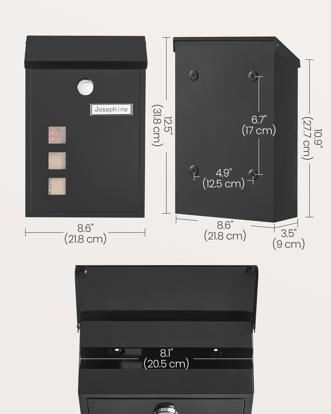 Wall-Mounted Mailbox – Copper Core – Black – Swivel Cap and Viewing Windows