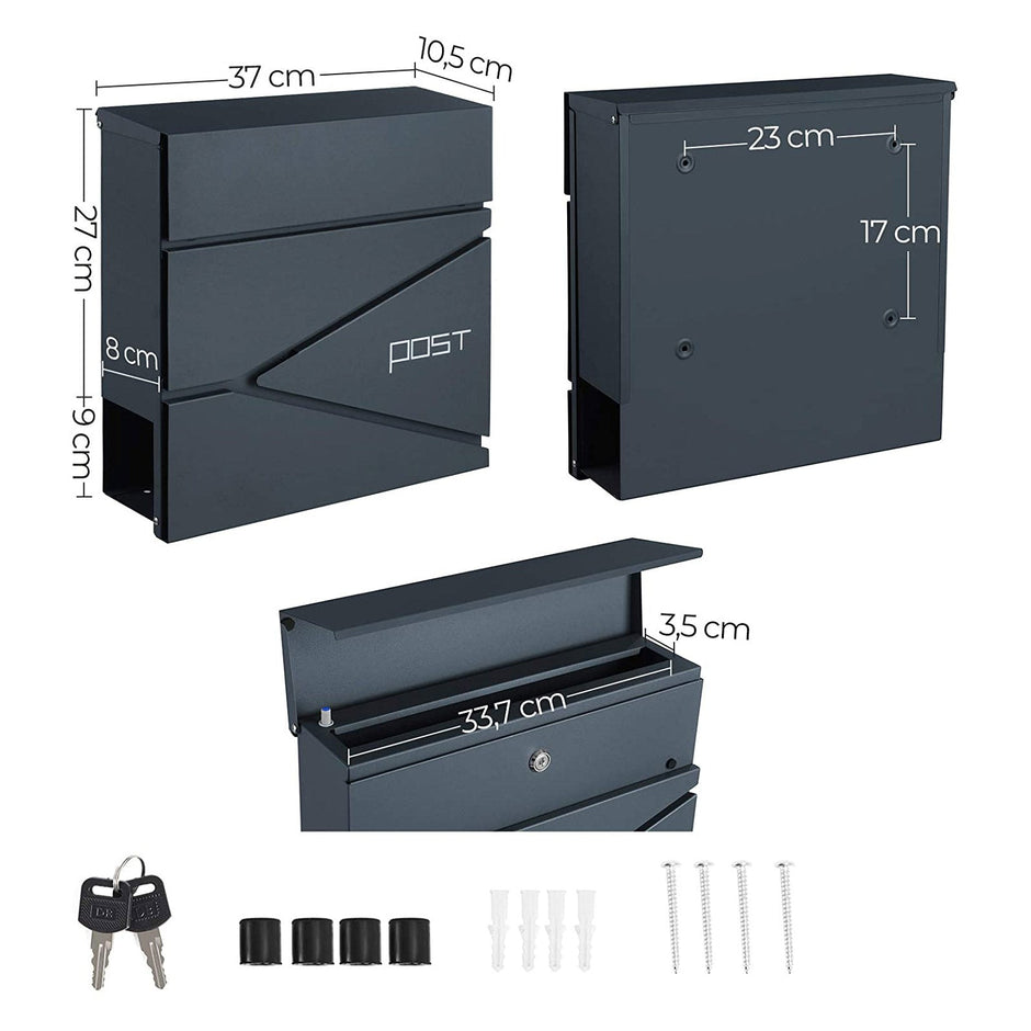 Lockable Wall-Mounted Mailbox – Steel – Anthracite Grey – Includes Newspaper Holder