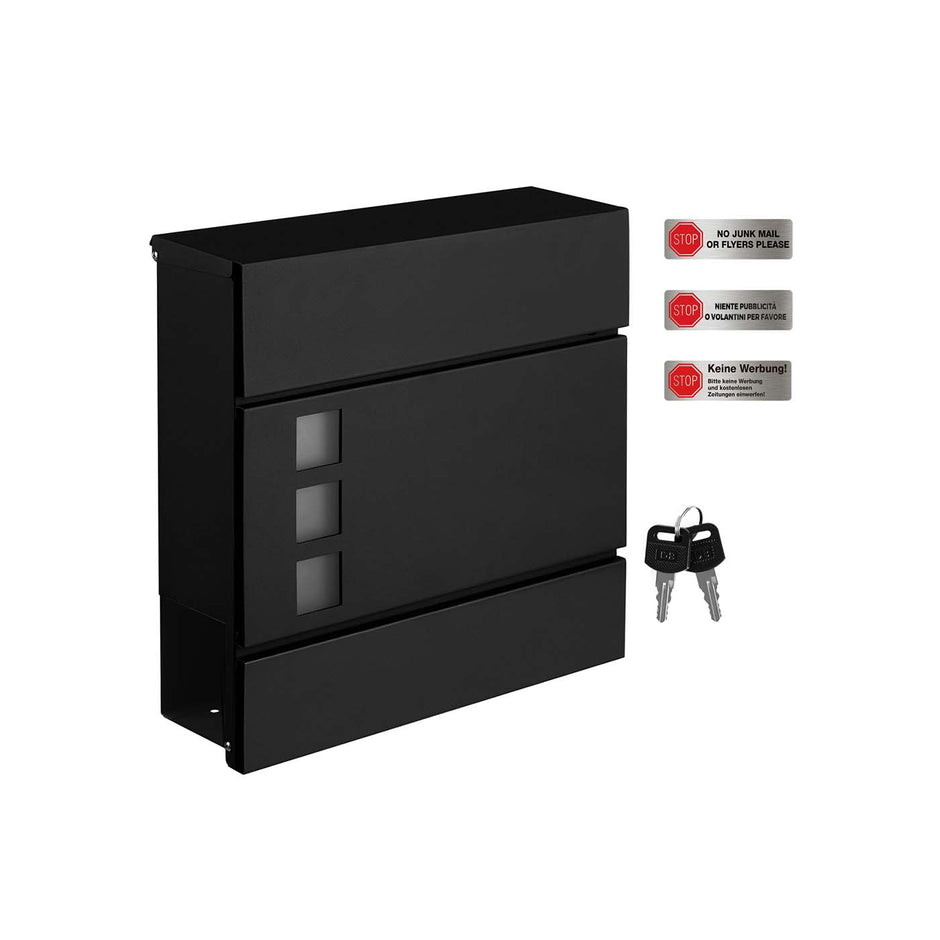 Wall-mounted Mailbox – Metal – Black – Lockable with Newspaper Holder