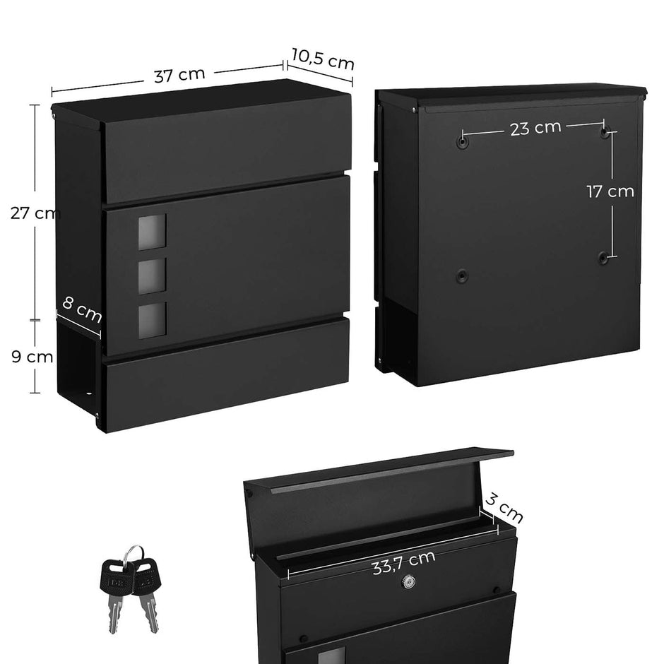 Wall-mounted Mailbox – Metal – Black – Lockable with Newspaper Holder