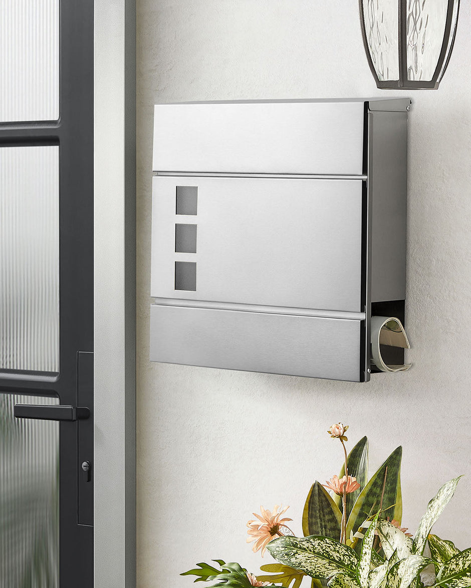 Wall-Mounted Mailbox – Stainless Steel – Black – Lockable with Newspaper Holder
