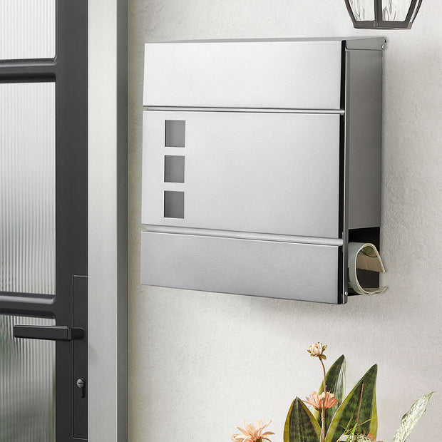 Wall-Mounted Mailbox – Stainless Steel – Black – Lockable with Newspaper Holder