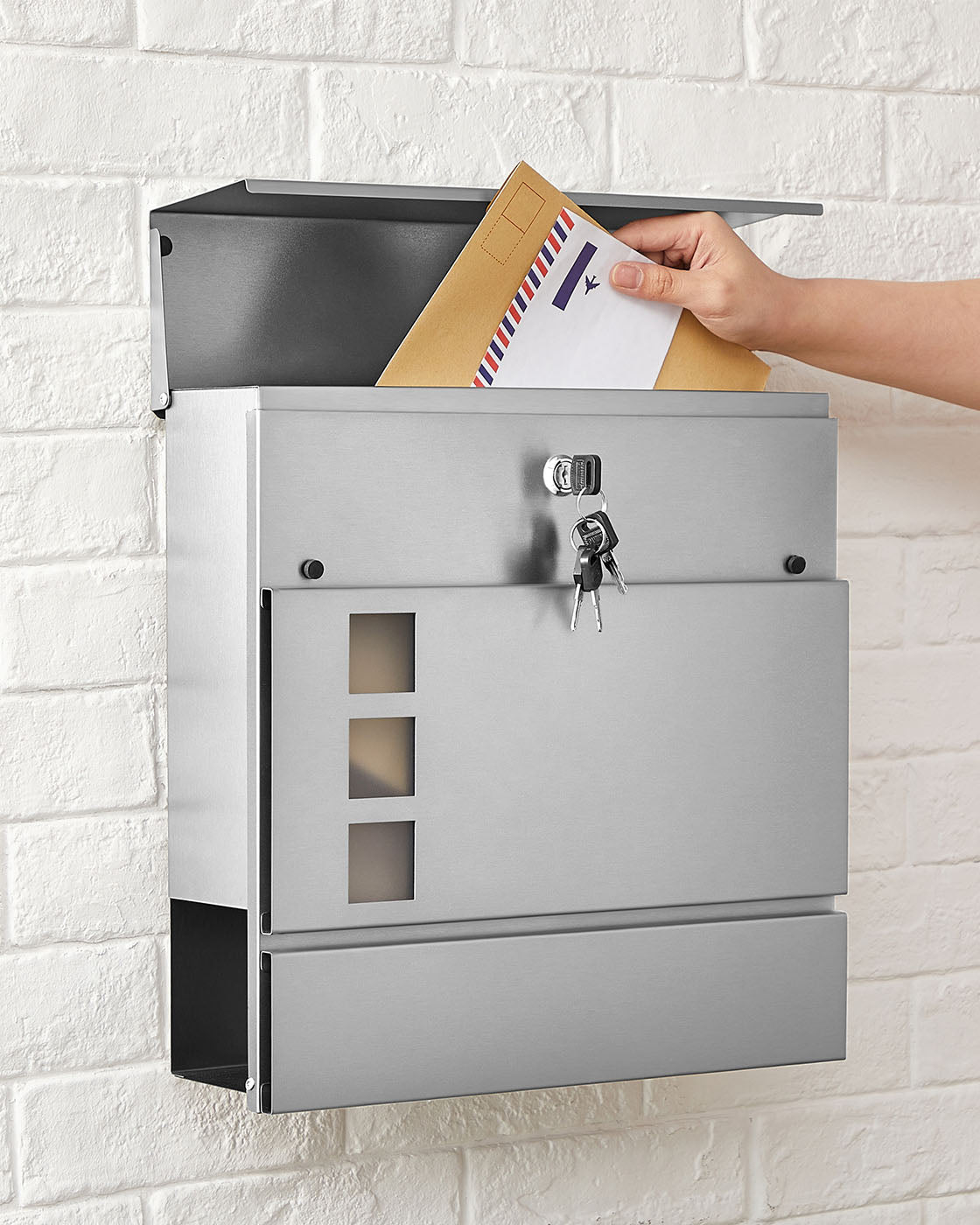 Wall-Mounted Mailbox – Stainless Steel – Black – Lockable with Newspaper Holder