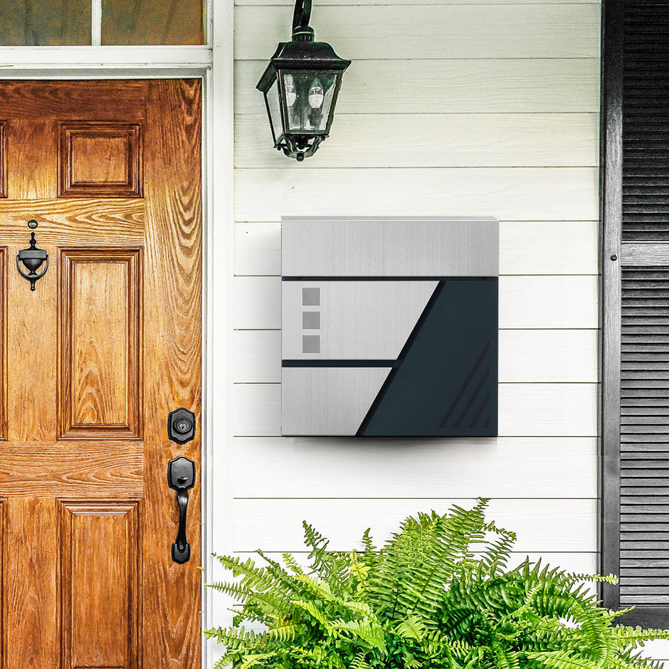 Large Wall-Mounted Locking Mailbox – Stainless Steel – Silver and Anthracite Grey – with Viewing Windows and Keys