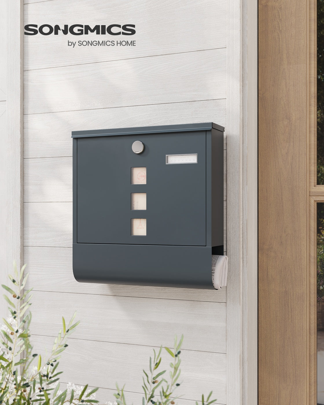 Wall Mounted Post Box – Metal – Anthracite Grey – Capped Lock with Newspaper Holder and Viewing Windows