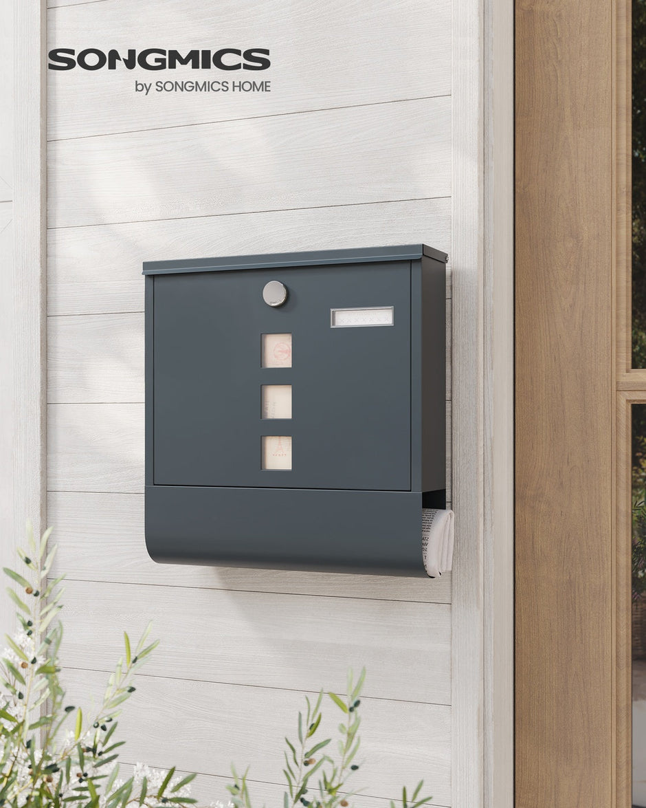 Wall Mounted Post Box – Metal – Anthracite Grey – Capped Lock with Newspaper Holder and Viewing Windows