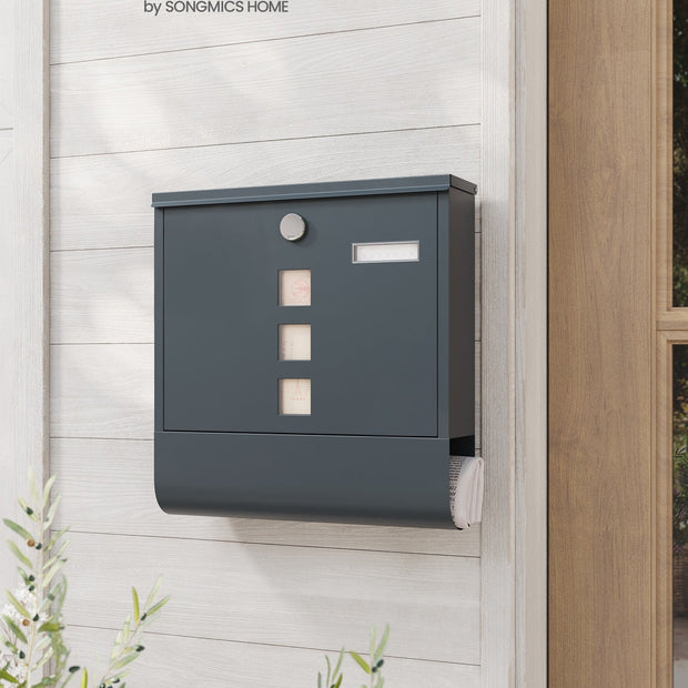 Wall Mounted Post Box – Metal – Anthracite Grey – Capped Lock with Newspaper Holder and Viewing Windows