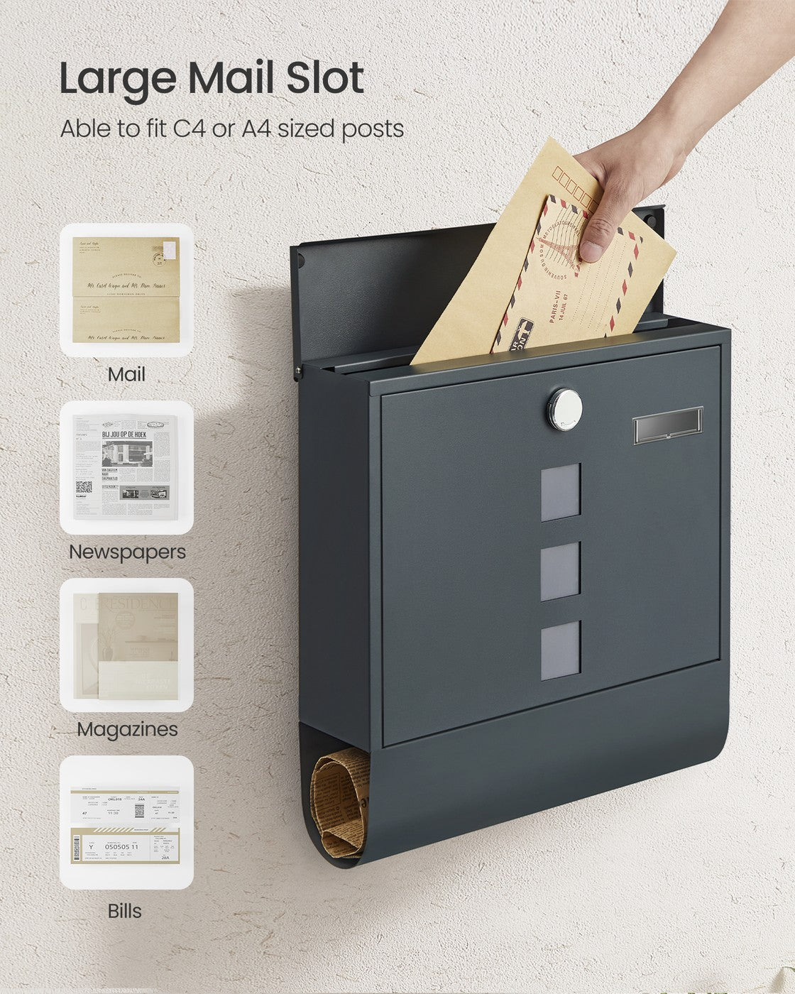 Wall Mounted Post Box – Metal – Anthracite Grey – Capped Lock with Newspaper Holder and Viewing Windows