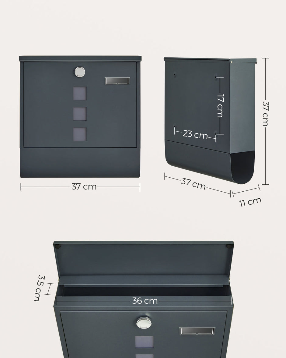 Wall Mounted Post Box – Metal – Anthracite Grey – Capped Lock with Newspaper Holder and Viewing Windows