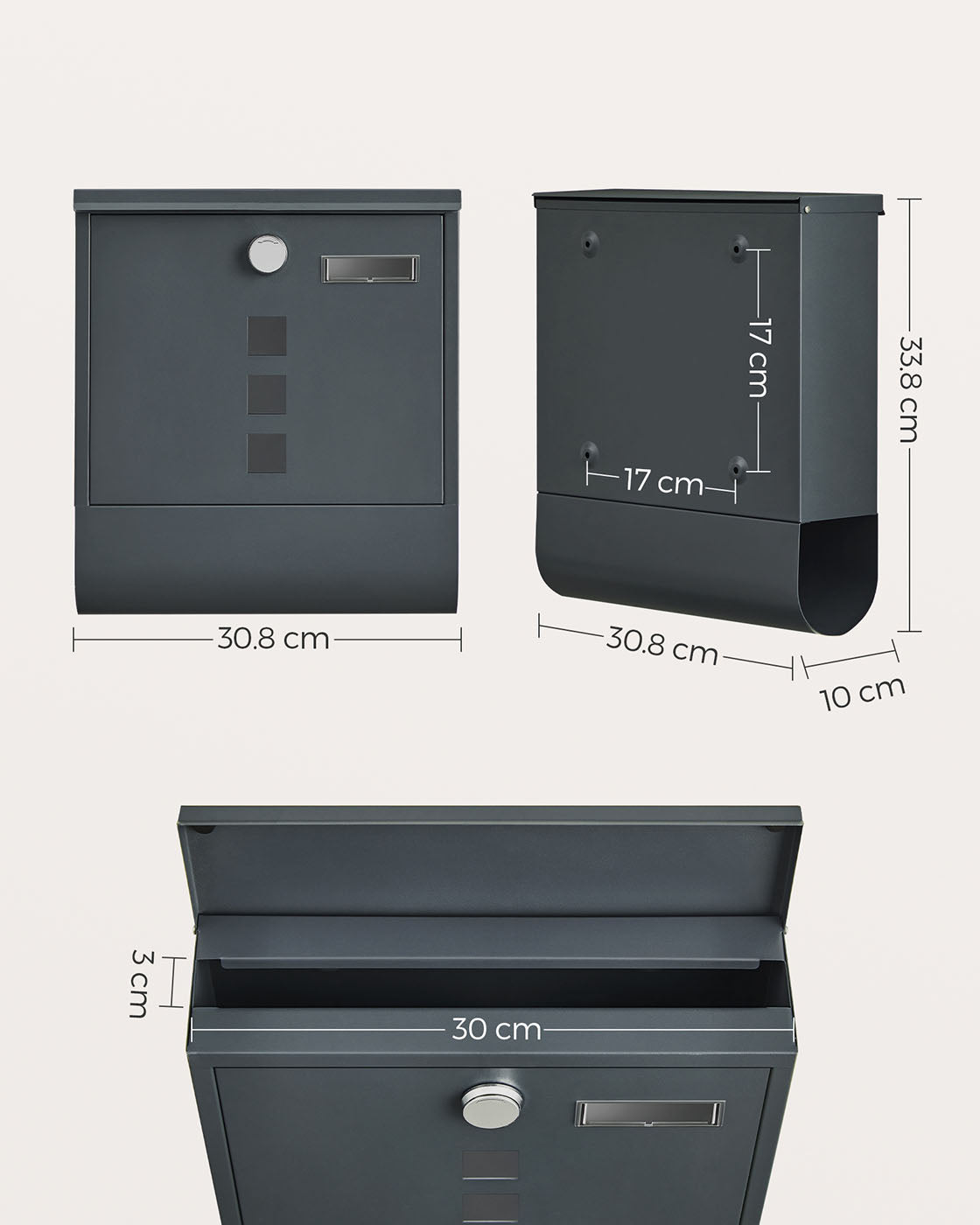 Wall-Mounted Mailbox – Metal – Anthracite Grey – Capped Lock with Copper Core and Newspaper Holder