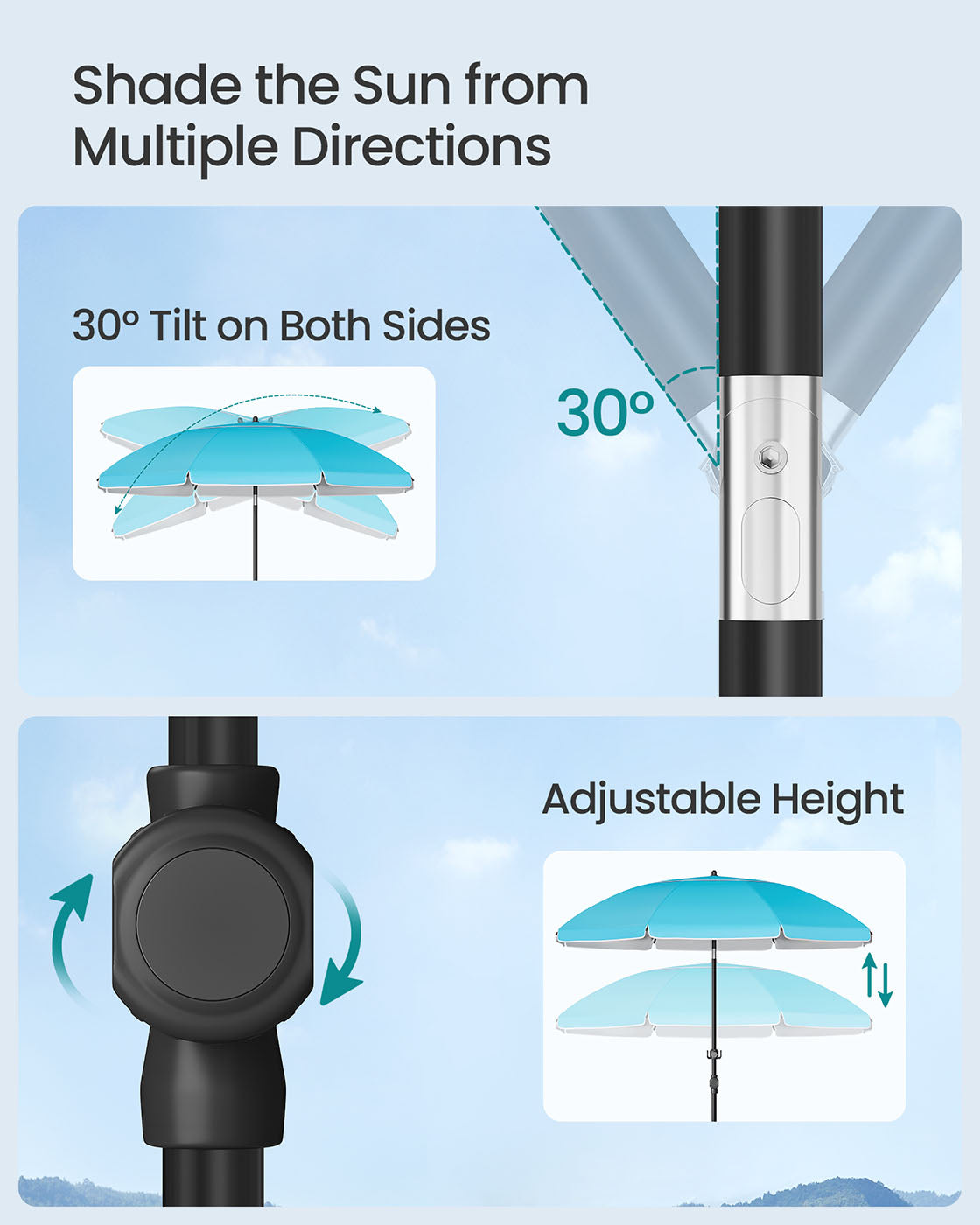 Garden Parasol – Fabric – Blue – UPF 50+ Sun Protection with Adjustable Height and Double-Side Tilt